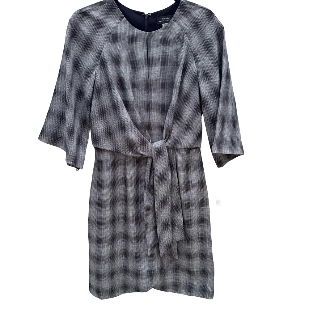 Tahari Arthur S. Levine Professional Plaid Tie Bell Sleeve Sheath Dress 4 NEW